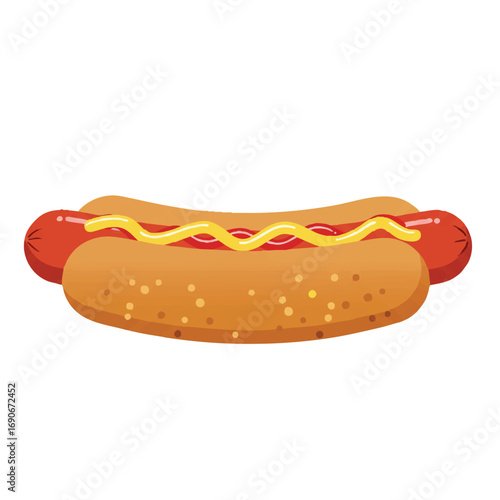 Flat vector illustration of a deconstructed hotdog, with a bun, sausage, yellow mustard, and red ketchup neatly arranged side-by-side on a white background.