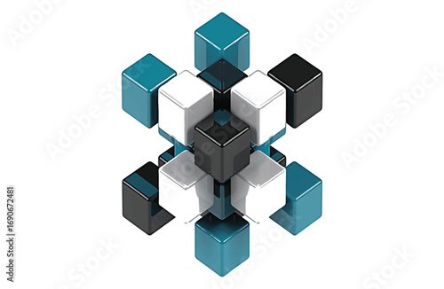 Abstract Geometric Structure with Interlocking Cubes in Teal, White, and Black - Modern 3D Rendering of Geometric Forms