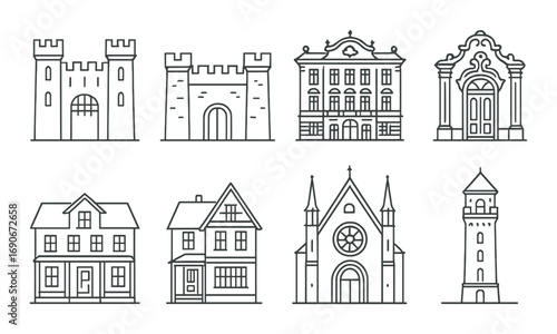 Line art of architectural structures: castle, mansion, church, tower designs