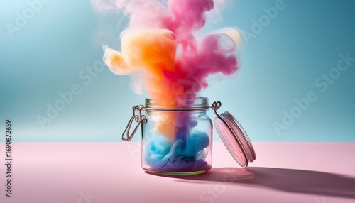 colorful smoke emitting from an open transparent jar on soft pastel background