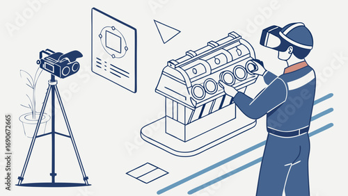 Isometric Illustration of a Technician Using VR Headset to Inspect a Machine Engine with Camera on Tripod.