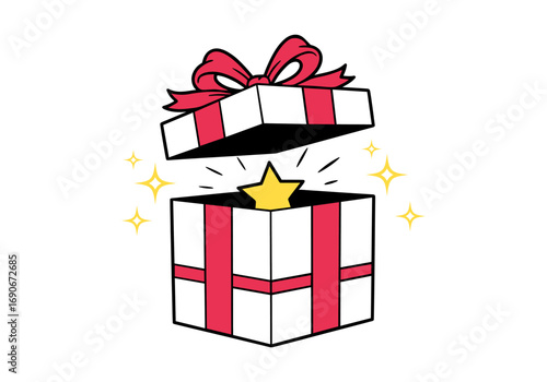Open gift box with red ribbon bow and golden sparkling star vector illustration