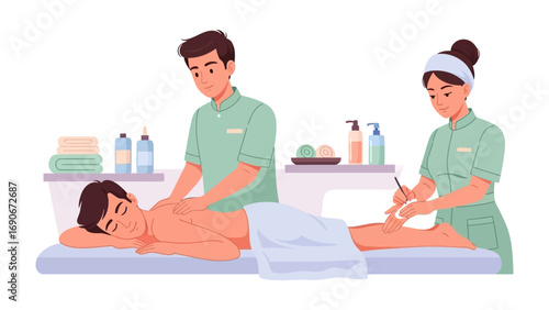 Two professional therapists providing relaxing massage treatments to clients in a serene spa environment with natural light and calming decor