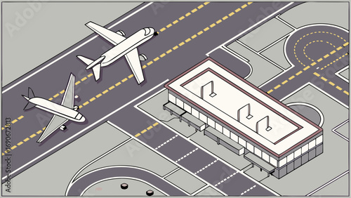Isometric illustration of airport terminal with airplanes on runway top view vector graphic travel transportation air travel aviation journey flight airplane aircraft planes airport terminal building.