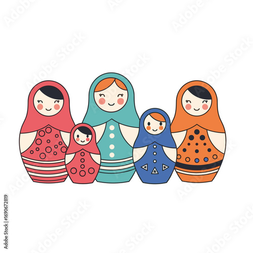 Charming set of russian nesting dolls hand painted with bright colors and playful patterns for decorative display