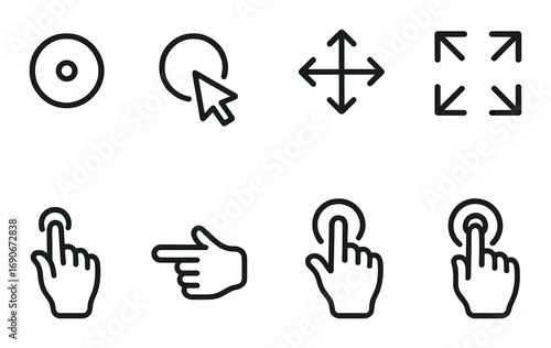 User interface icons: arrows, cursors, hand gestures on dark background