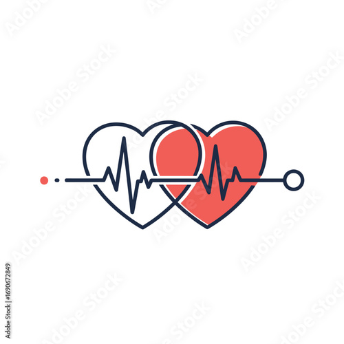 Two intertwined hearts symbolizing love and life connected by a heartbeat line representing health and vitality