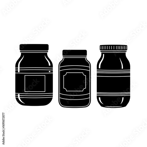 Three black silhouette jars with labels on white background food storage containers preserving jars and glass bottles