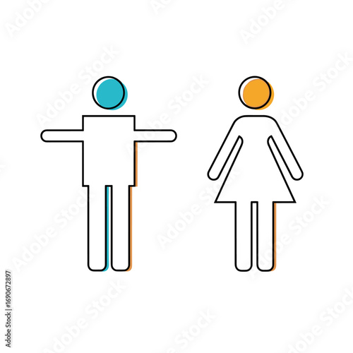 Simple graphic representation of male and female figures with distinct head colors indicating gender identification and silhouette design