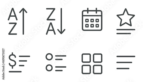 Minimalist icon set for sorting filtering calendar star dollar list grid