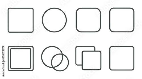 Set of abstract geometric shapes: squares, circles, overlapping forms on gradient background