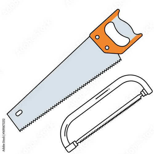 Two saws are depicted in this image including a handsaw and a hacksaw ready for woodworking and metal cutting tasks