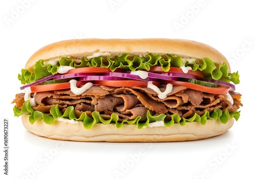 Large sub sandwich with roast beef and fresh vegetables