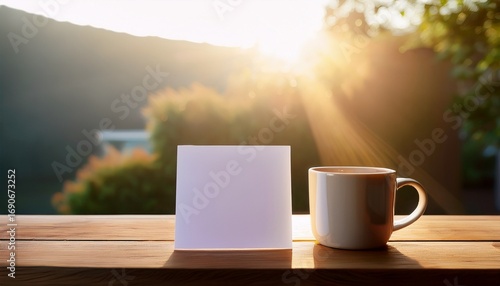 coffee mug and blank card on wooden table with soft morning light for creative design or personal use