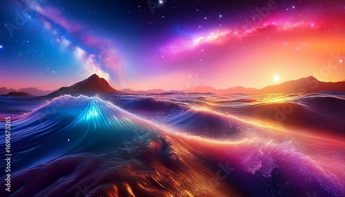 vibrant cosmic waves in a colorful galaxy landscape