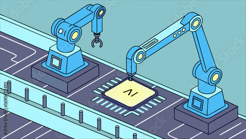Isometric Illustration of Robotic Arms Assembling AI Microchip on Conveyor Belt.