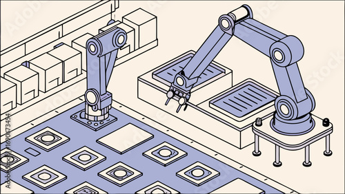 Isometric Illustration of Robotic Arms Assembling Circuit Board Components in a Factory Setting.