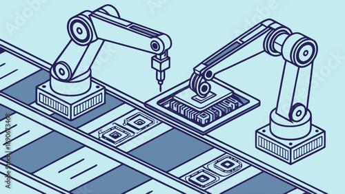 Isometric Illustration of Robotic Arms Assembling Microchips on Conveyor Belt in Automated Factory.