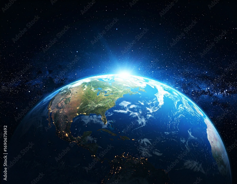 Obraz premium Dynamic view of Earth from space, sunrise illuminating America, city lights.