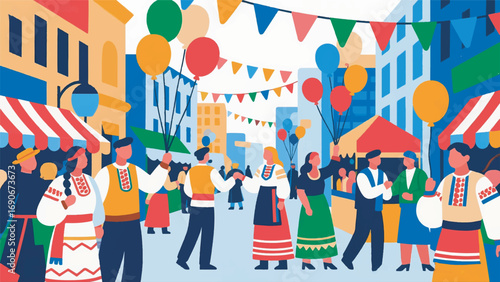 Illustration of Street Festival with Traditional Clothing Vector Design Template