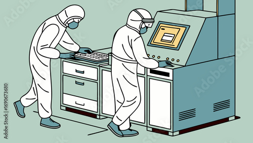 Laboratory technicians in protective suits operating advanced equipment.