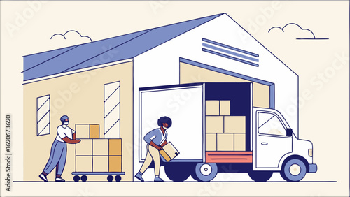 Loading boxes onto a delivery truck at a warehouse.