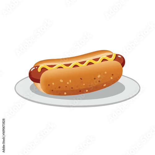 Solitary gourmet hotdog in toasted bun, with elegant mustard and delicate ketchup, simplified 2D flat vector illustration on minimalist white plate, white background.