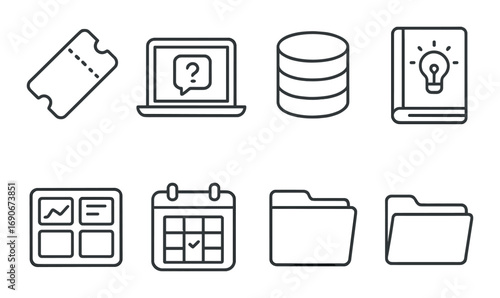 Dark gray themed icons for tickets, technology, and organization