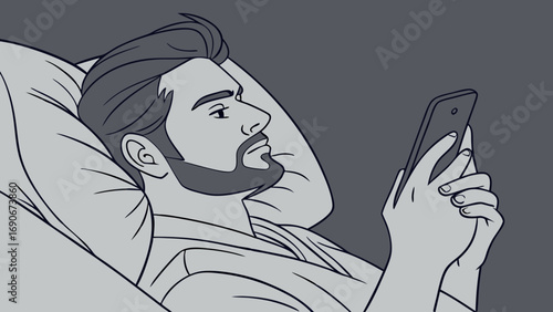 Man using smartphone in bed relaxing mobile phone night sleep bedtime illustration graphic design digital art vector line art grayscale monochrome modern minimalist simple stylish portrait profile ma.