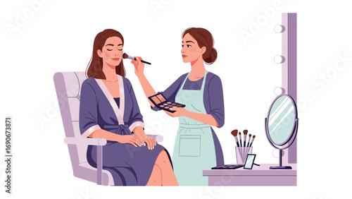 Professional makeup artist applying cosmetic blush to a woman s cheek with a brush in a beauty salon setting