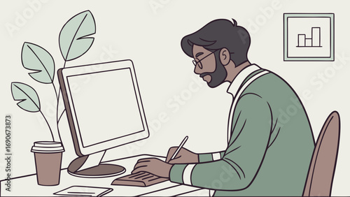 Man working at desk writing computer office illustration business professional modern workspace minimalist design simple graphic vector art flat design remote work home office productivity employee w.