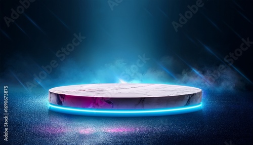 circular marble pedestal with glowing neon light on dark misty background
