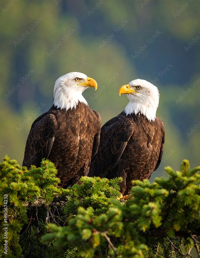 Obraz premium Two Bald Eagles perched on a tree
