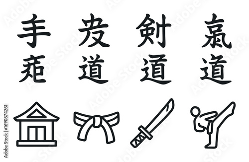 Martial arts symbols with chinese characters and icons