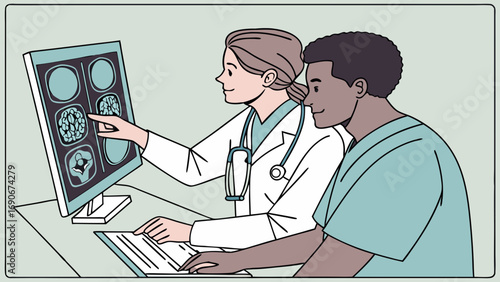 Medical professionals reviewing brain scans on computer screen.