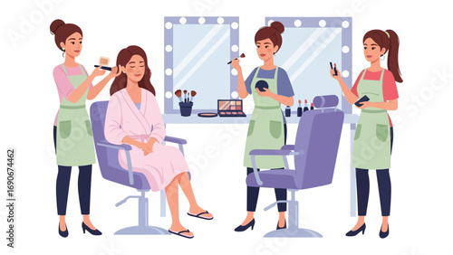 Professional makeup artists giving a client a beauty makeover in a well lit salon with mirrors and chairs