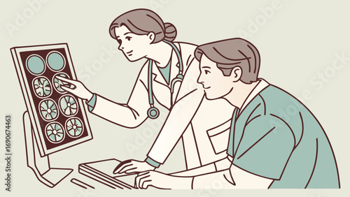 Medical professionals reviewing medical scans on a computer screen.