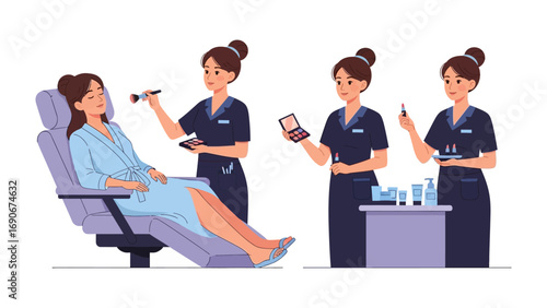 Beauty salon professionals applying makeup to a client in a reclining chair and demonstrating cosmetic products and tools on a table