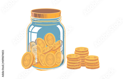 Jar Filled with Gold Coins An Illustration of Savings, Investment, and Financial Security on a White Background