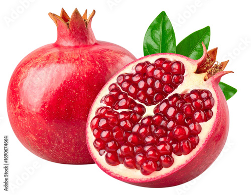 Pomegranate with Seeds and Leaves PNG Isolated