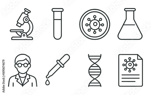 Laboratory science icons featuring microscope dna test tube virus and scientist