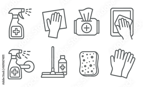 Cleaning tools icons: spray bottle, cloth, wipes, mop, sponge, gloves