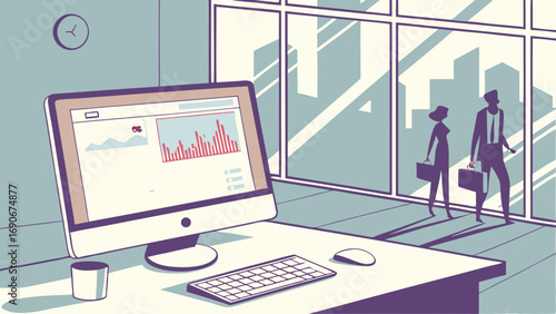 Modern Office Workplace with Business People Leaving and Computer Showing Data Graphs.
