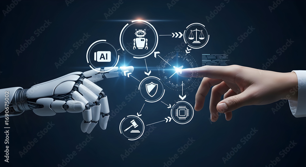 Fototapeta premium Human and AI collaboration: Secure future technologies, innovative solutions for global challenges, ethical considerations, and responsible development of artificial intelligence.