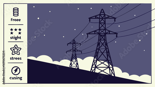 Nighttime Silhouette of Electrical Towers on Hilltop under Starry Sky.