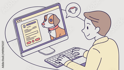 Online Pet Adoption Person using Computer to Adopt Dog Cute Cartoon Illustration.