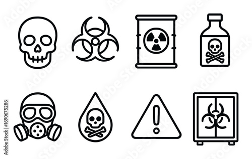 Set of eight warning icons for hazardous materials and toxic substances safety