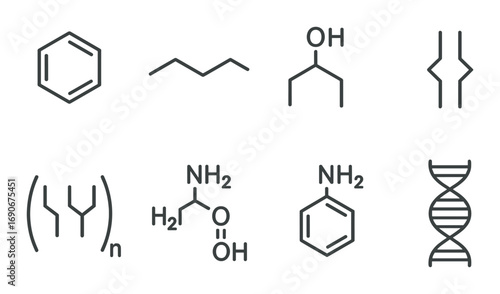 Chemical structures of organic molecules on dark background