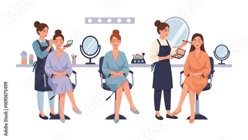 Diverse group of women receiving professional makeup application and hairstyling services in a modern beauty salon setting