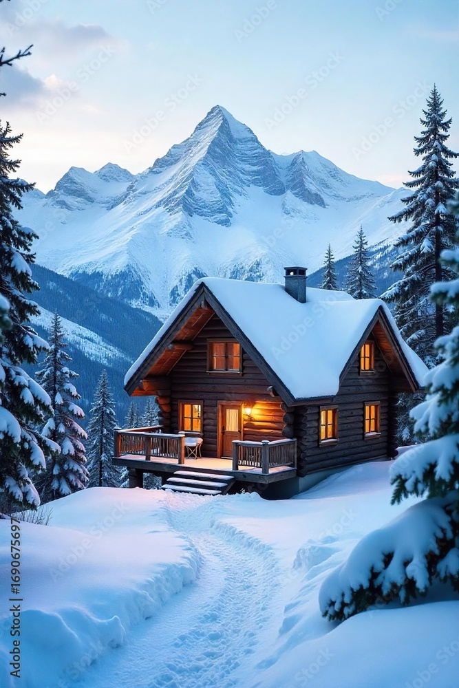 Naklejka premium Cozy mountain chalet nestled amidst snow-capped peaks, offering stunning views and rustic charm Perfect for a winter getaway or adventurous escape , stunning, architecture, scenic